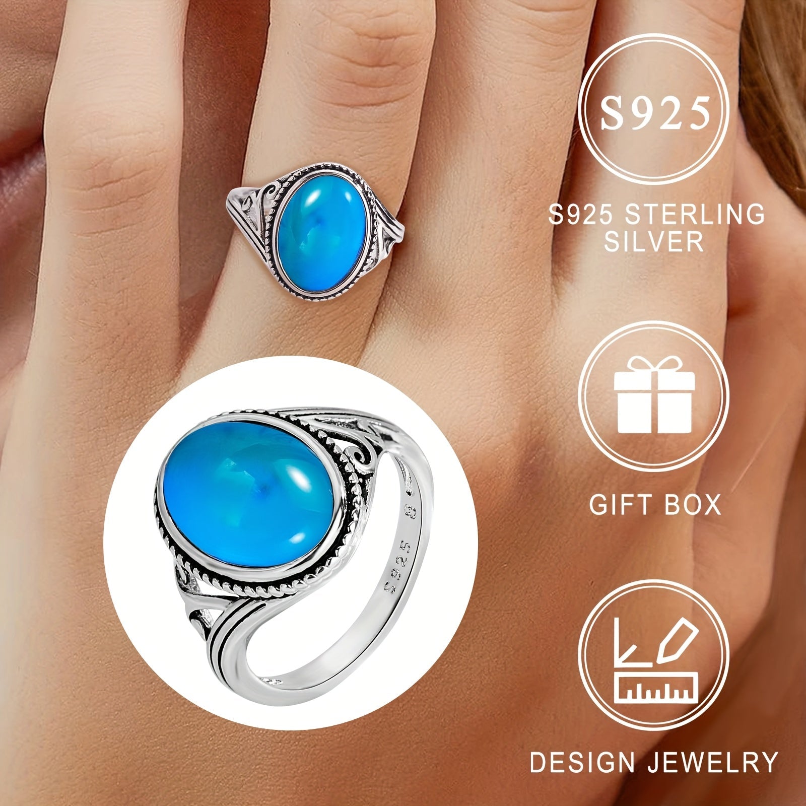 Sterling Silver Ring with Mood-Sensing Synthetic Gemstone Vintage Boho Jewelry for Women