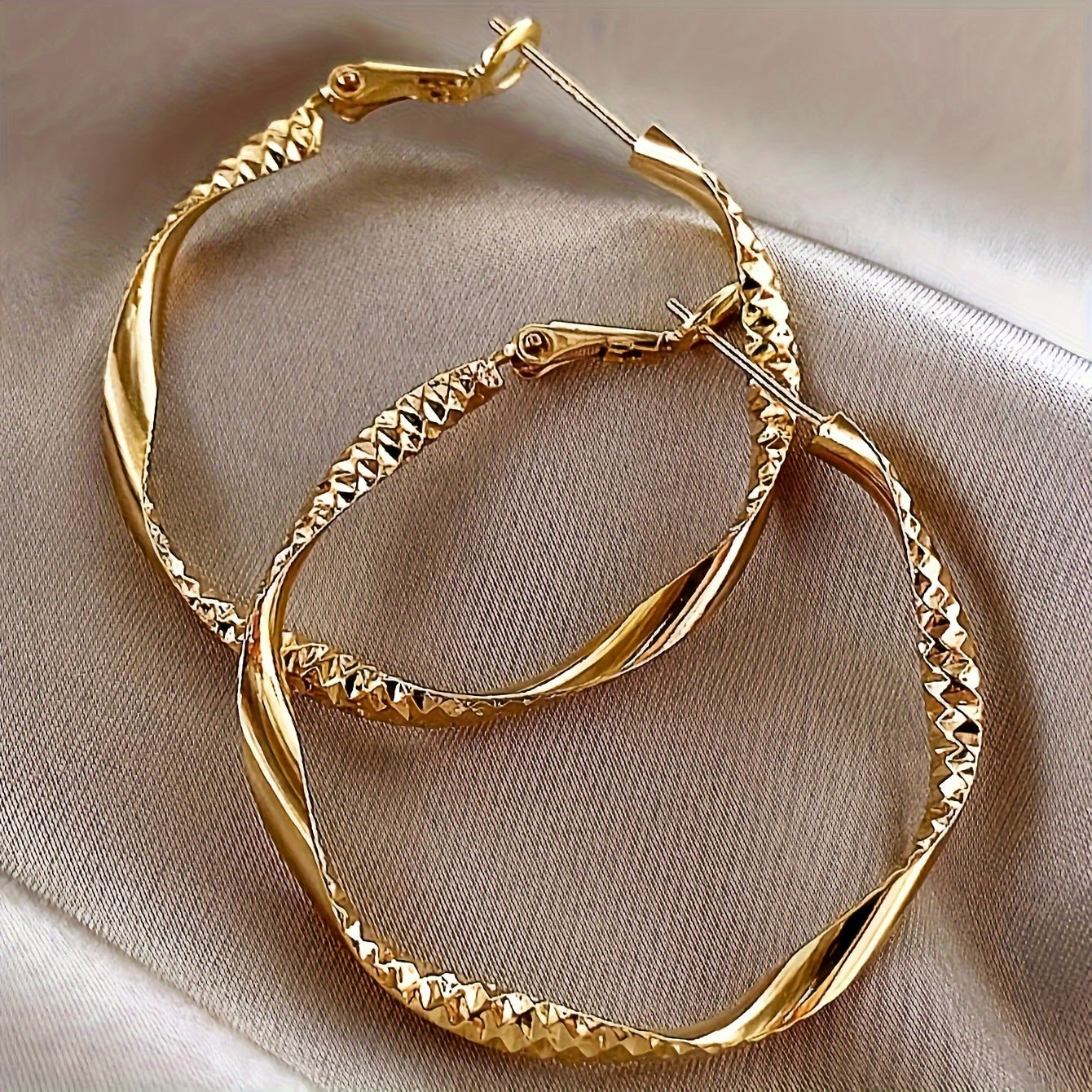 Women Twisted Gold-Tone Hoop Earrings Textured Sparkling Accents