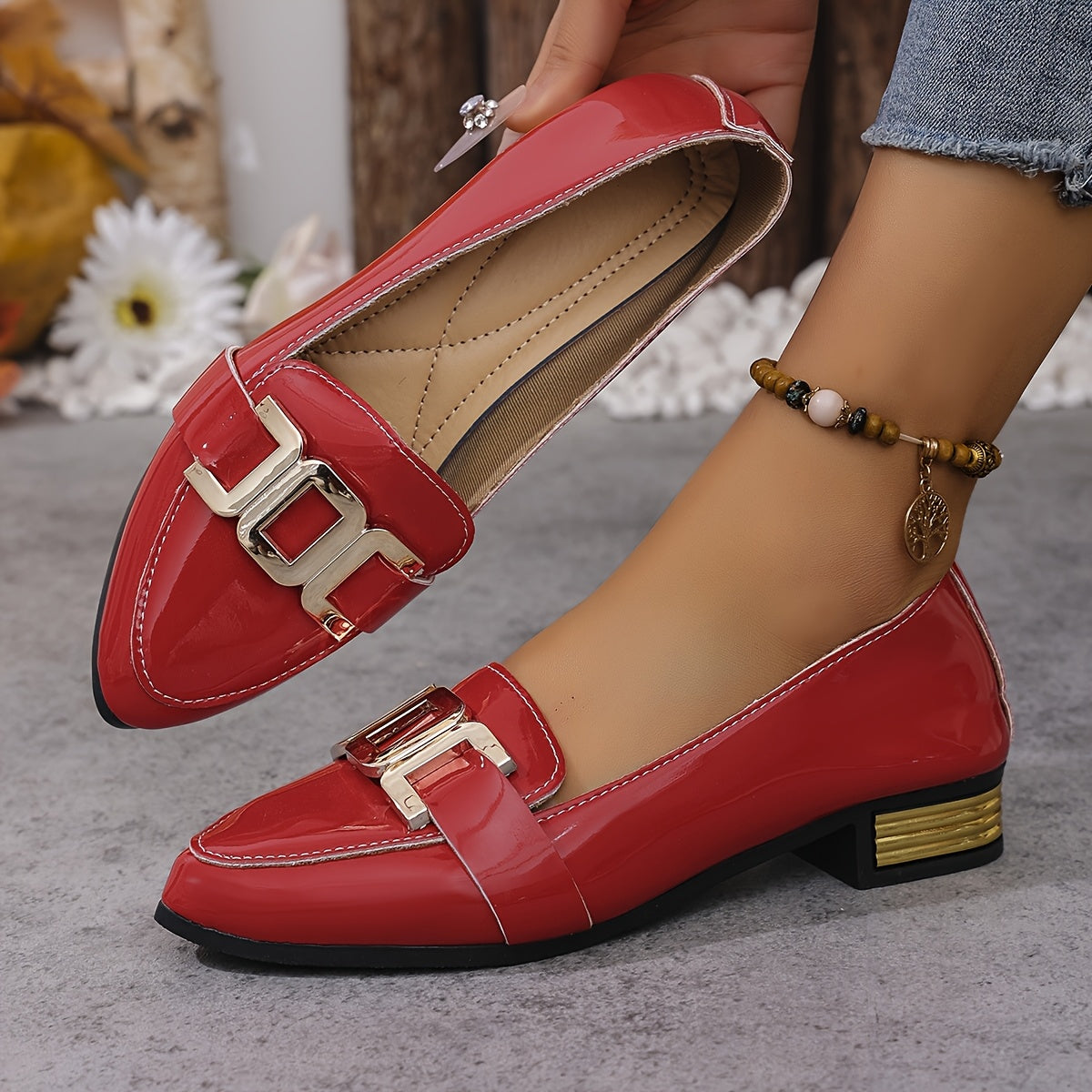 Women's White Pointed Toe Loafers with Metallic Buckle Synthetic Shoes