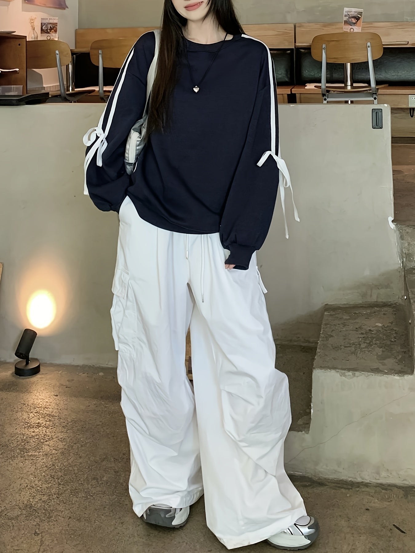 Women's Black Crew Neck Sweatshirt with White Bow Detail Polyester Casual All Seasons