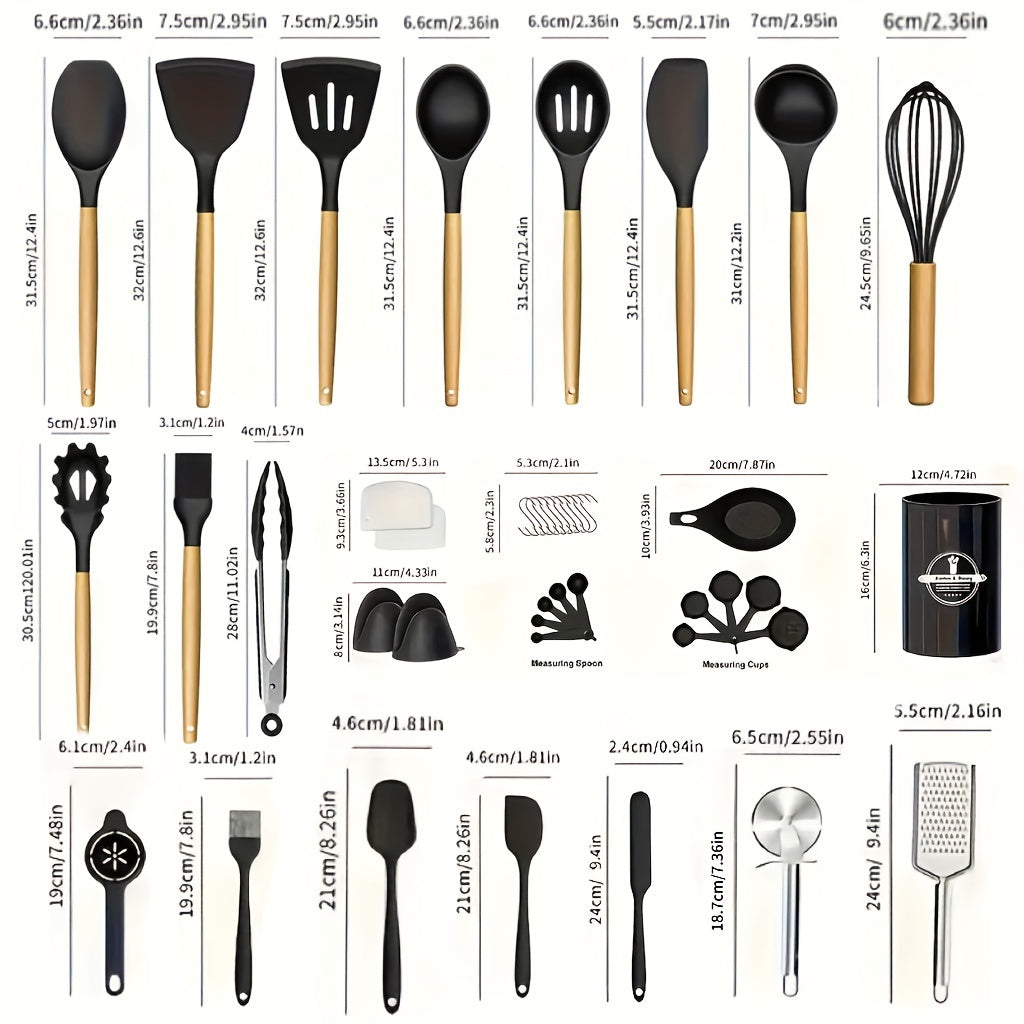 Set of 44 Silicone Cooking Utensils with Wooden Handles Non-Stick Heat-Resistant