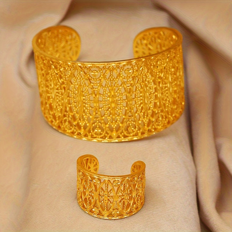 Gold-Plated Jewelry Set for Women Hollow Bangle and Ring Party Banquet Elegant