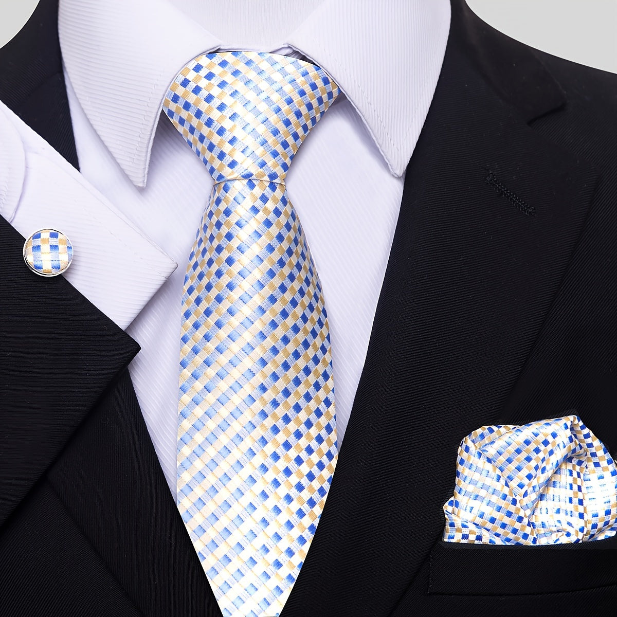 Erkaklar uchun ko‘k polka nuqtali galstuk to‘plami, cho‘ntak sharlari va manjetkalar bilan, to‘ylar va partiyalar uchun