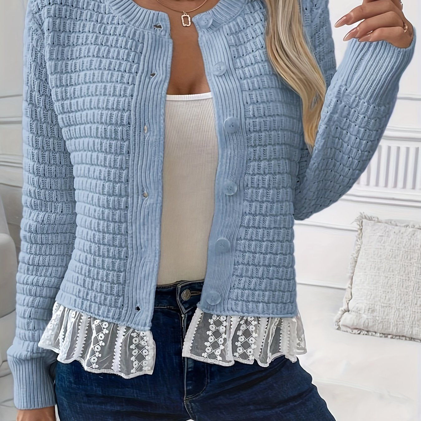 Женский кардиган с кружевной отделкой из шифона, полупрозрачный, с контрастными рукавами и укороченным кроем