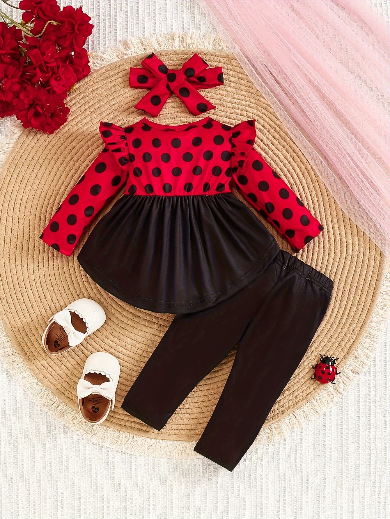 Toddler Girl Ladybug Print Polyester Outfit with Long Sleeve Crew Neck Pullover and Pants