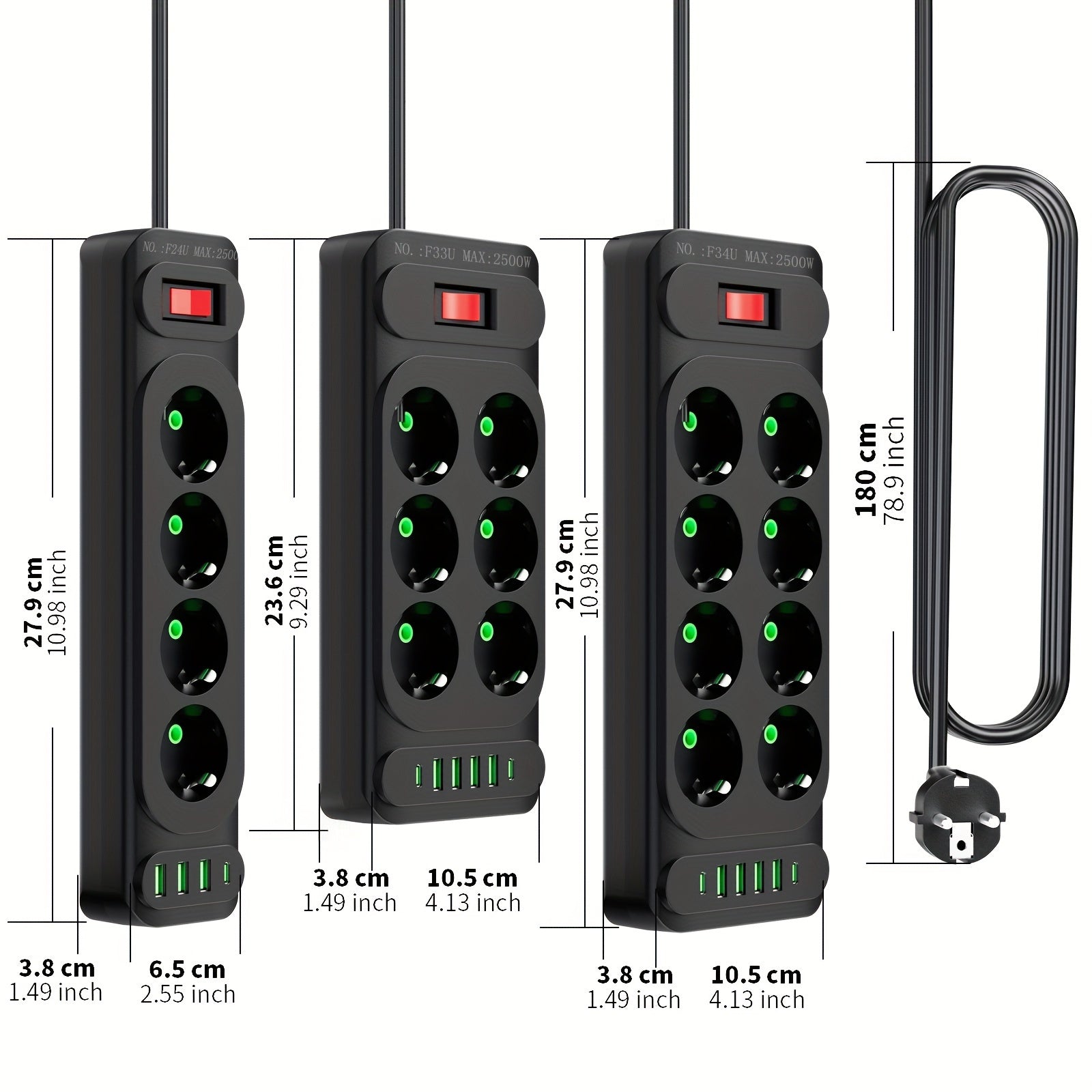 GK GUOKANG удлинитель с 4 USB, 2 Type-C PD зарядными портами, защитой от перенапряжения, европейская вилка - идеален для домашнего офиса, общежития и игр.