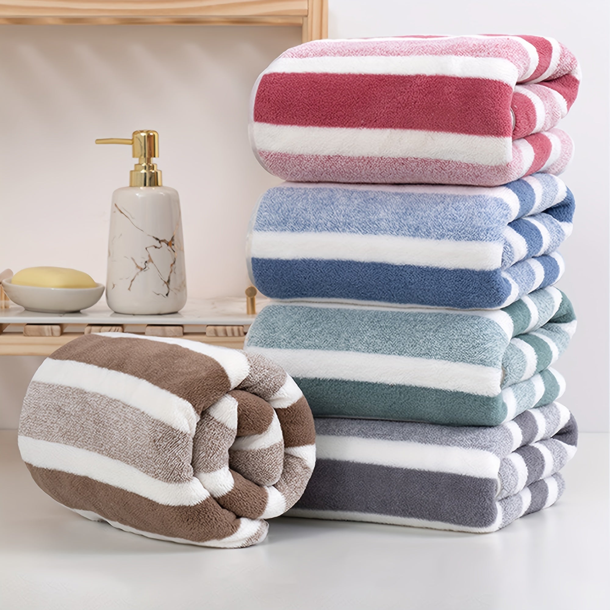 Striped Coral Fleece Bath Towel Quick-Dry Ultra Absorbent Skin-Friendly Space Themed