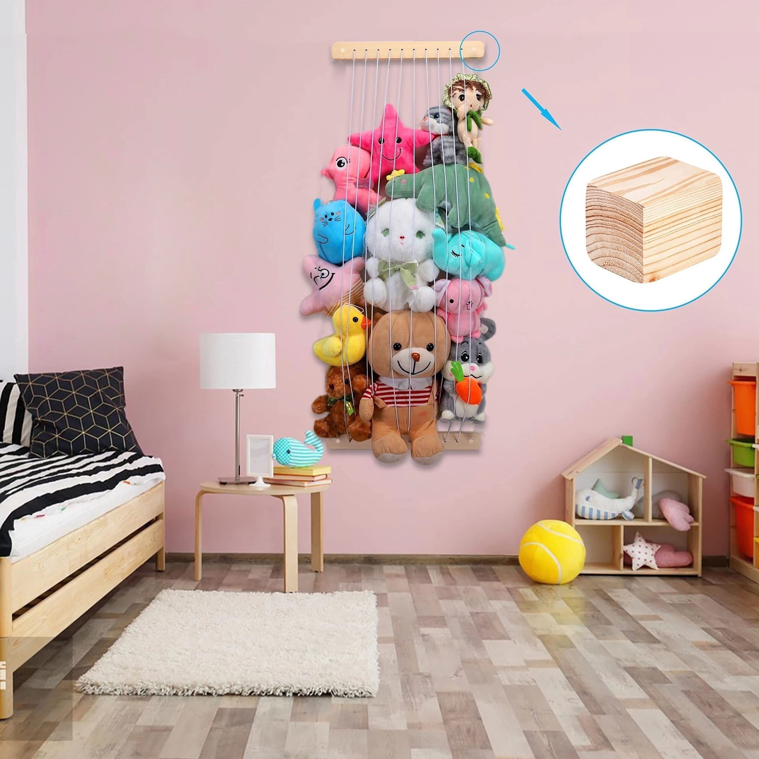 Organizador de juguetes de madera para colgar en la pared, hamaca de peluche con animales, red de almacenamiento para guardería
