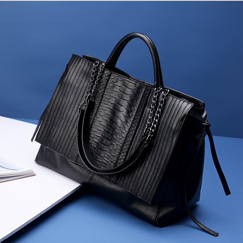 Black Crocodile Pattern Tote Bag for Women with Chain Straps and Detachable Shoulder Strap