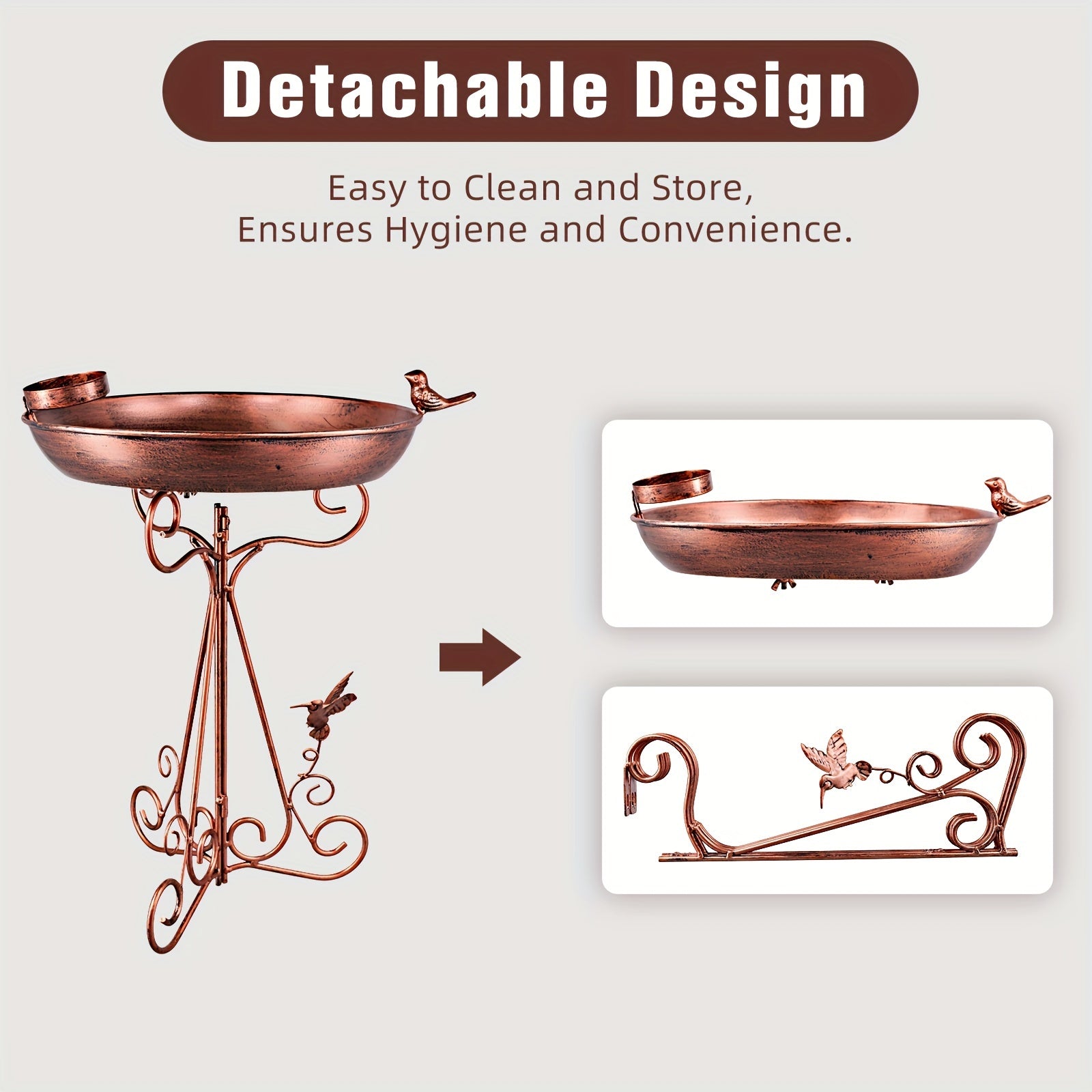 Vintage qush vannasi stendi, 12 dyuymli metall idish va tashqi foydalanish uchun ajratiladigan egiluvchan temir asos bilan qushlarni oziqlantirish stansiyasi sifatida.