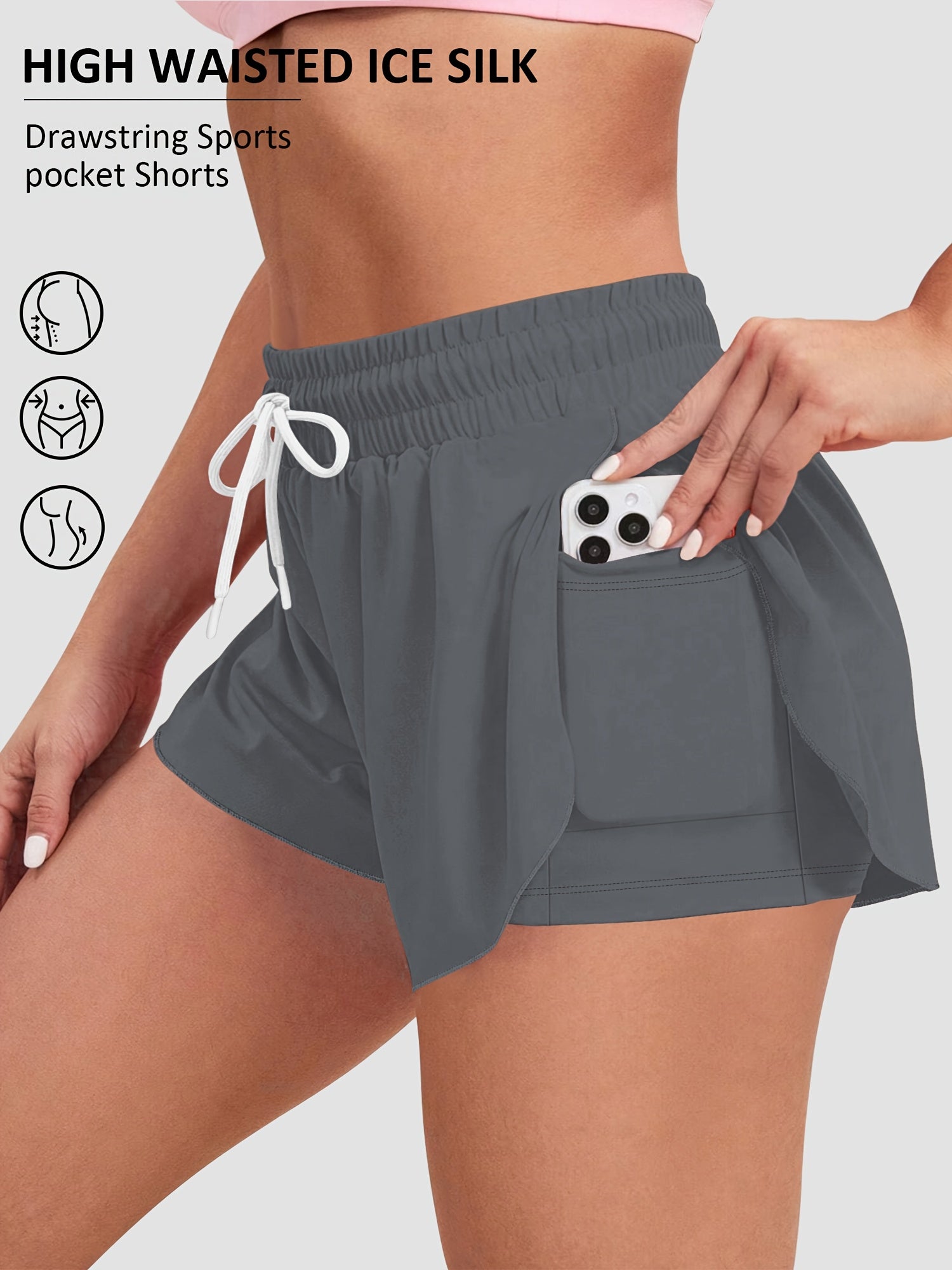 Шорты для бега женские больших размеров с высокой талией, непрозрачные, с карманами