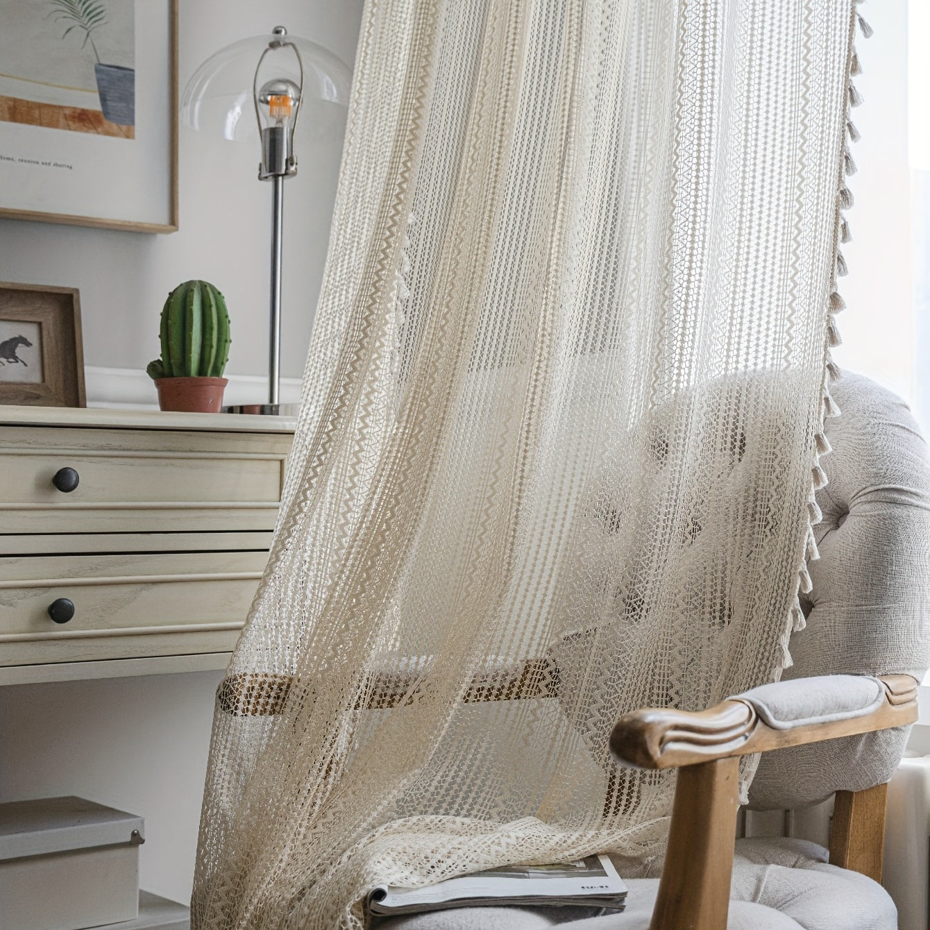 Beige Crochet Fringe Curtain UV Protection Rod Pocket for Living Room Bedroom