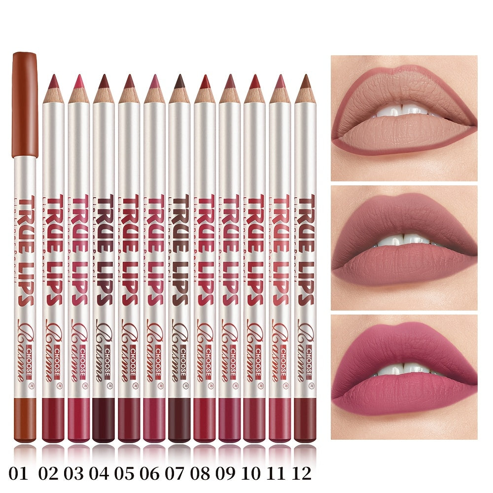 12pc Matte Lip Liner Pencil Set Long-Lasting Natural Red Tones for All Skin Types