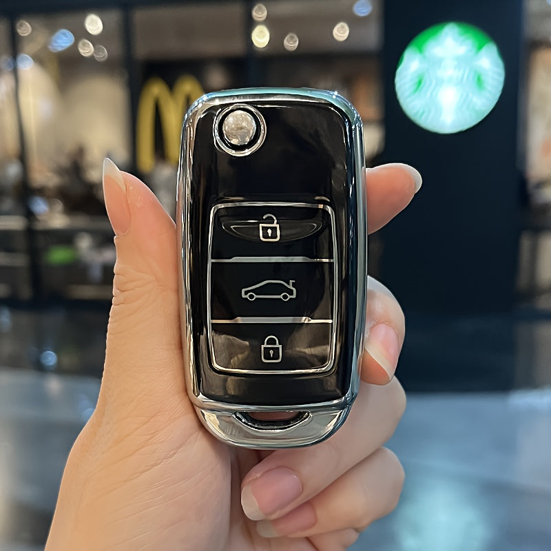 Universal TPU Car Key Cover Protector with Diamond Woven Keychain Black