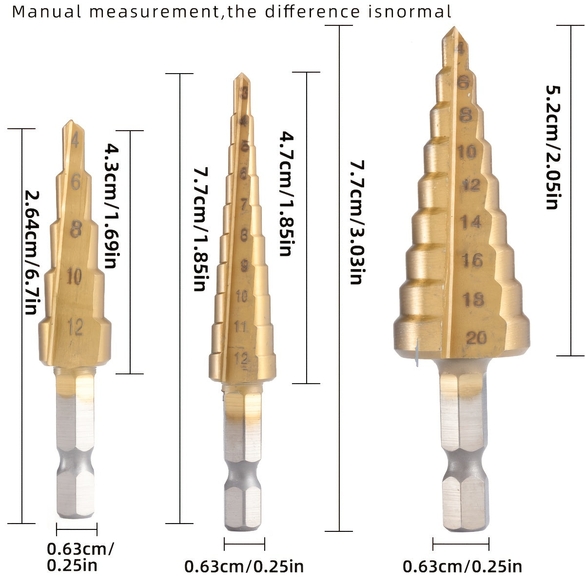 Titanium-Coated HSS Steel Step Drill Bit Set 4 Sizes for Wood Metal