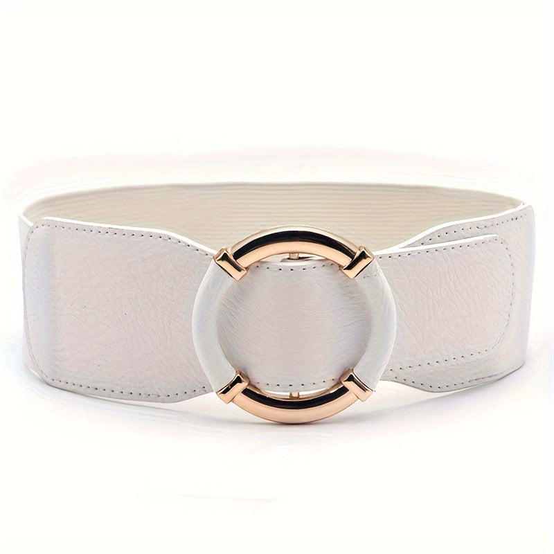 Women's Casual Elastic Waist Dress Coat with Wide Belt and Round Buckle in Solid Color