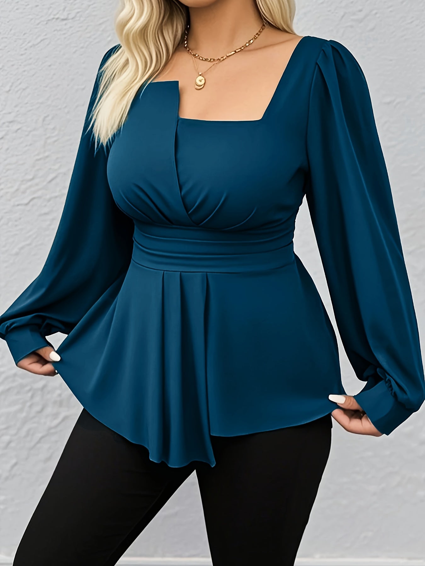 Plus Size Womens Teal Square Neck Long Sleeve Blouse Casual Formal