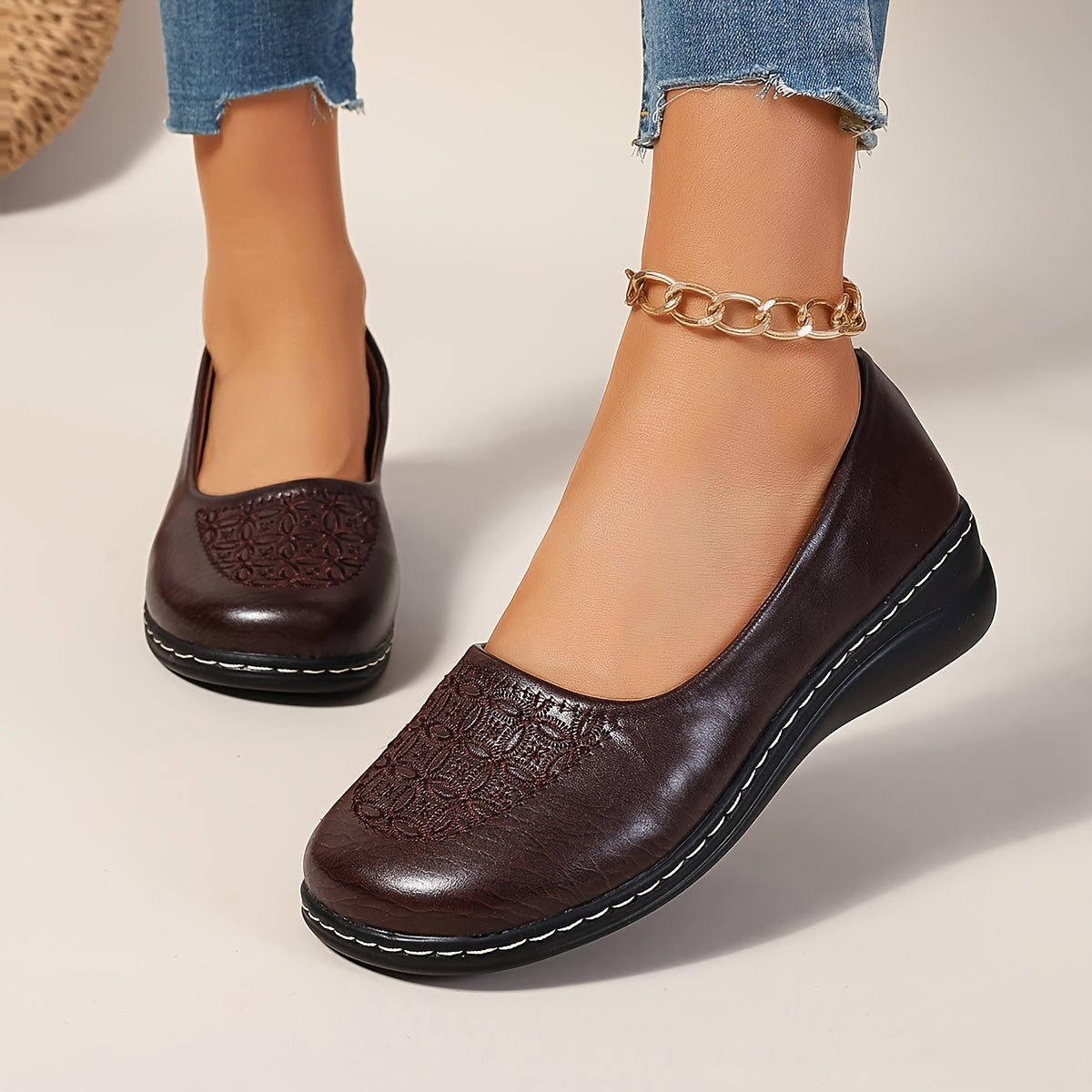 Women's Leather Slip-On Loafers with Embroidered Design and Cushioned Insole