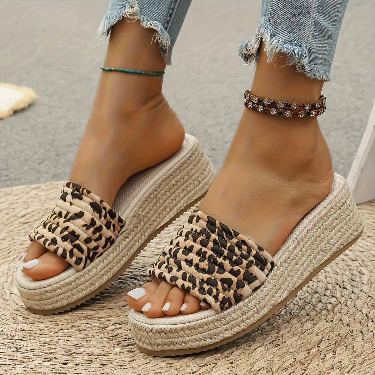 Women's Bohemian Woven Slide Sandals with Thick Platform for Beach Pool