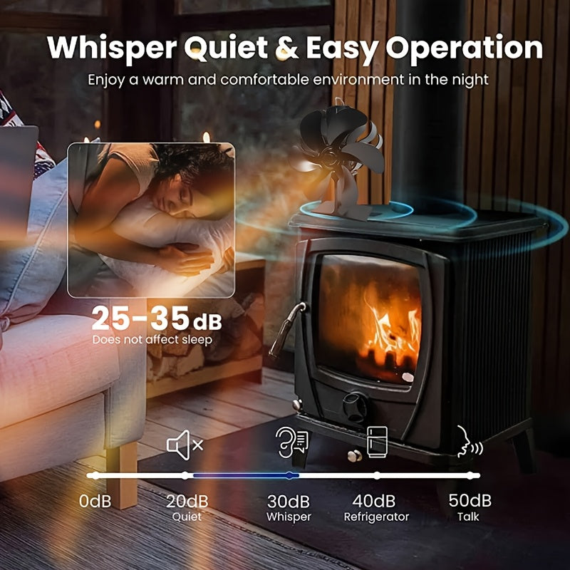 Black Aluminum Fireplace Fan 6-Blade Silent Heat Distribution Winter Gift