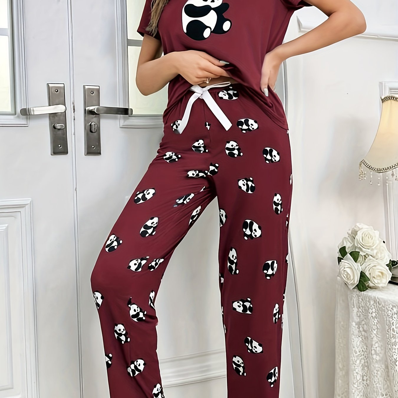 Women's Sleepwear Set with Panda Print Short Sleeve Top and Elastic Pants