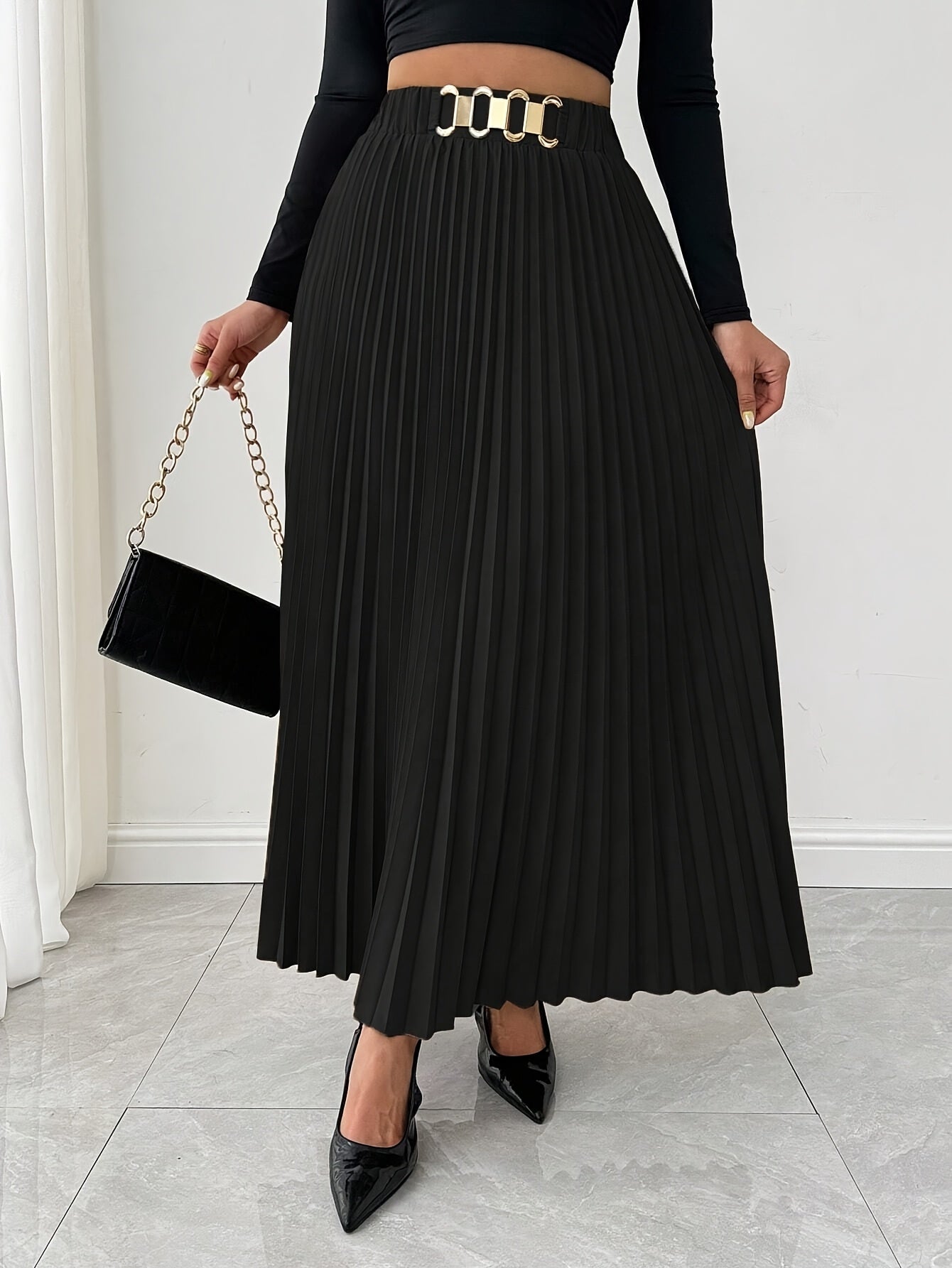 Women's Black Pleated Midi Skirt with Chain Detail and Loose Fit