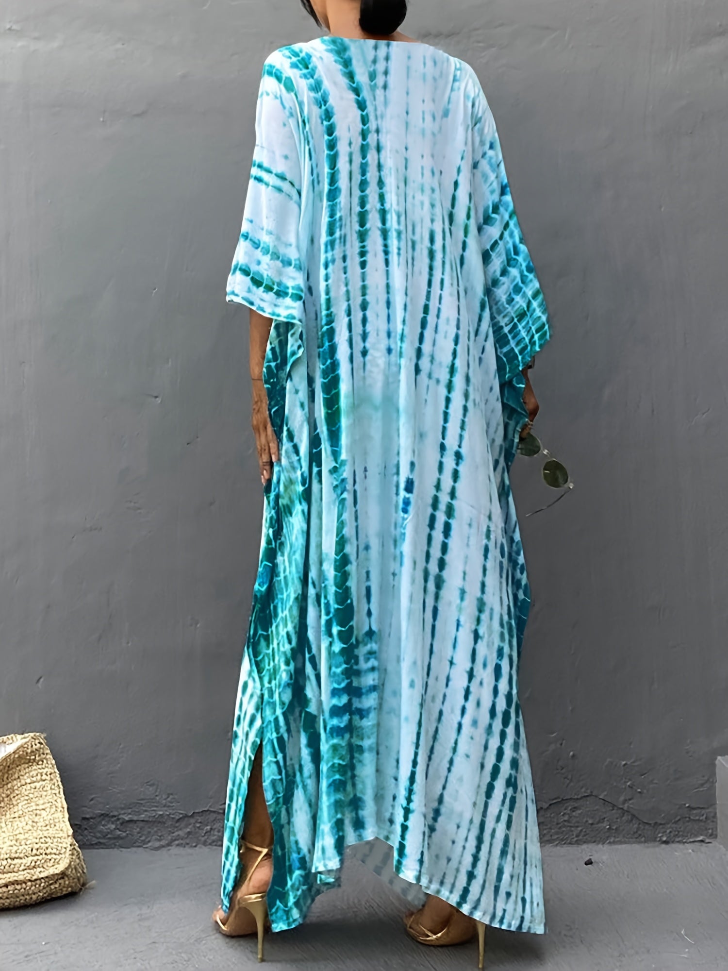 Plus Size Women's V-Neck Kaftan Dress Batwing Sleeve Tie-Dye Viscose