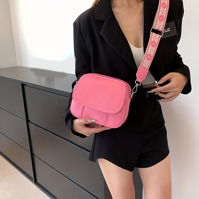 Square Crossbody Bag with Wide Strap Zipper in Solid Color PU Material
