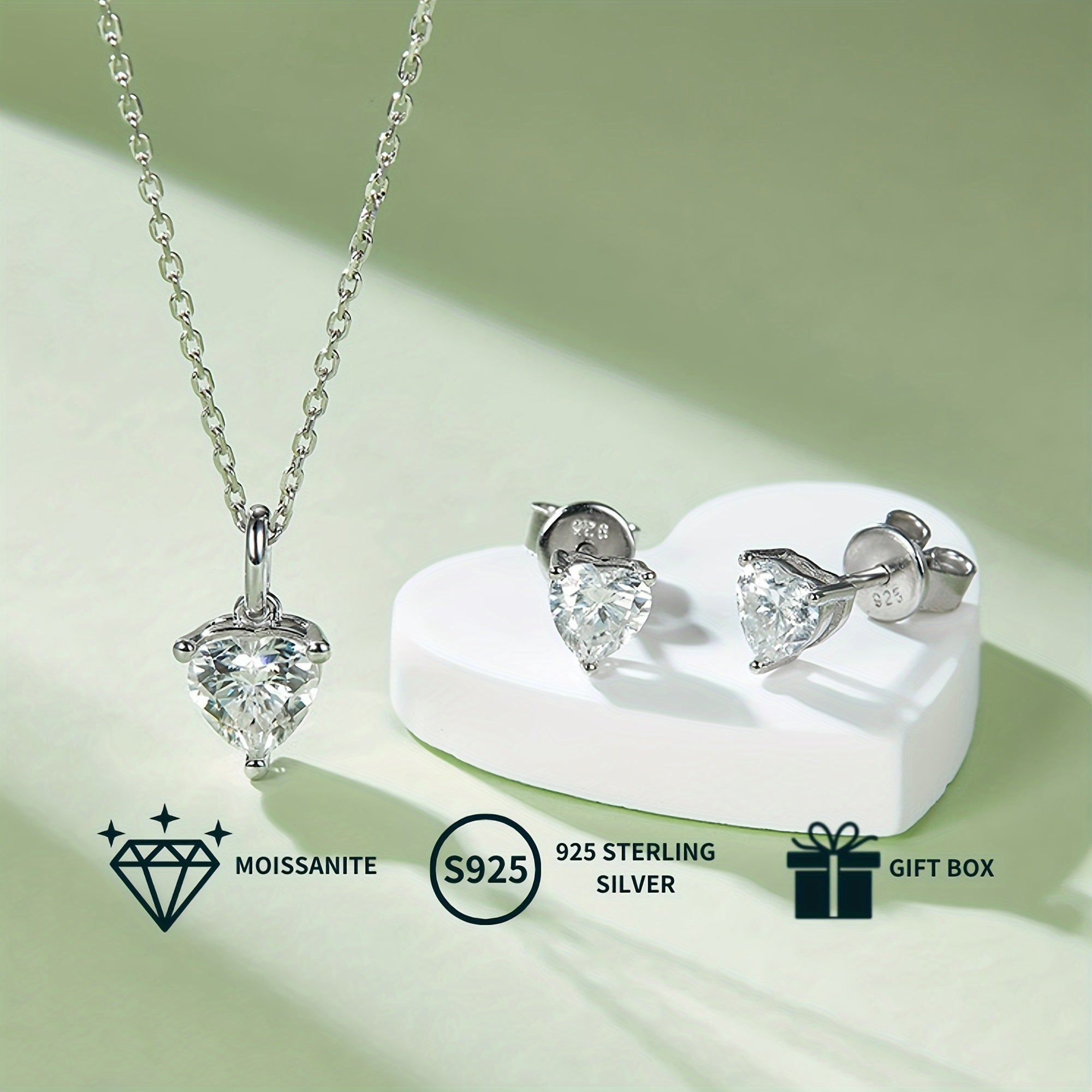 Ювелирный набор с сердцевидным моссанитом: кулон на цепочке и серьги-гвоздики, покрытые белым золотом, серебряный подарок для нее