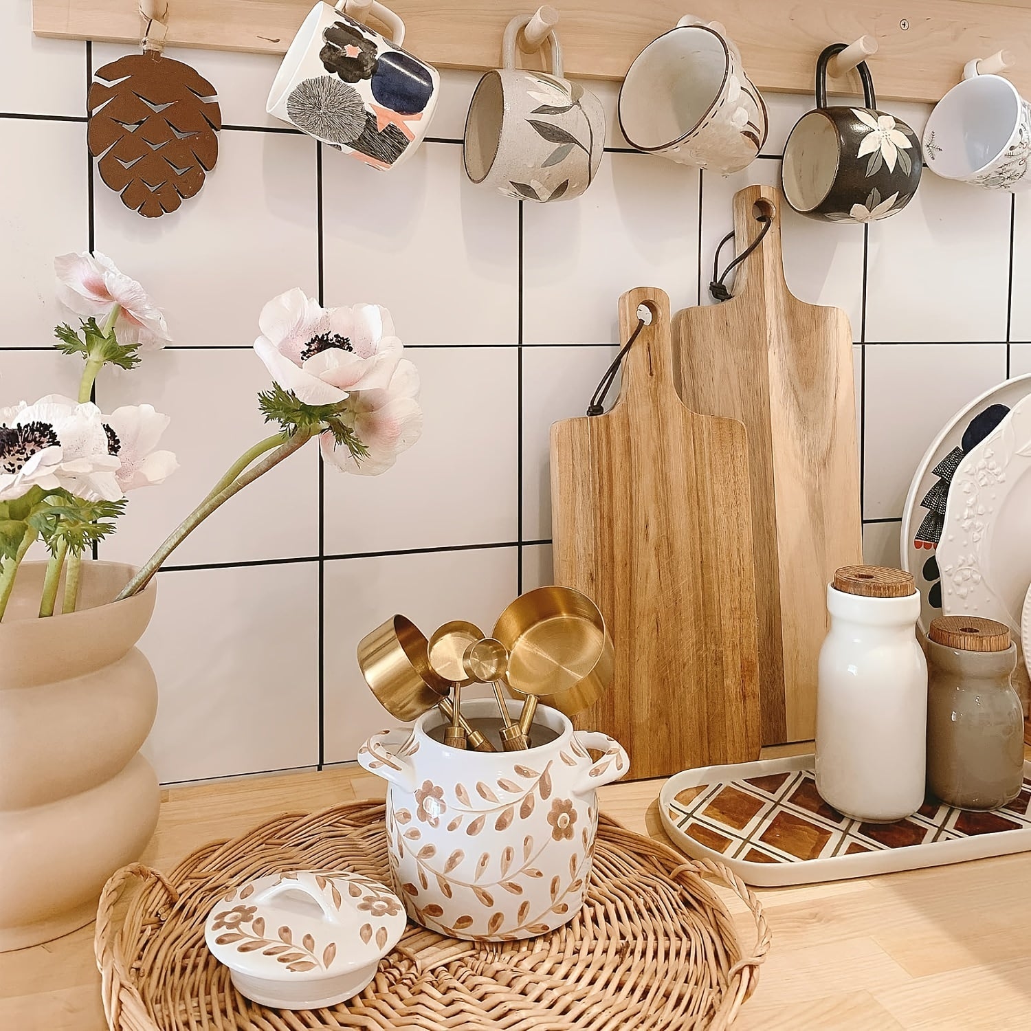 Golden Measuring Cup and Spoon Set with Wooden Handles, Durable Metal, Accurate Measurements