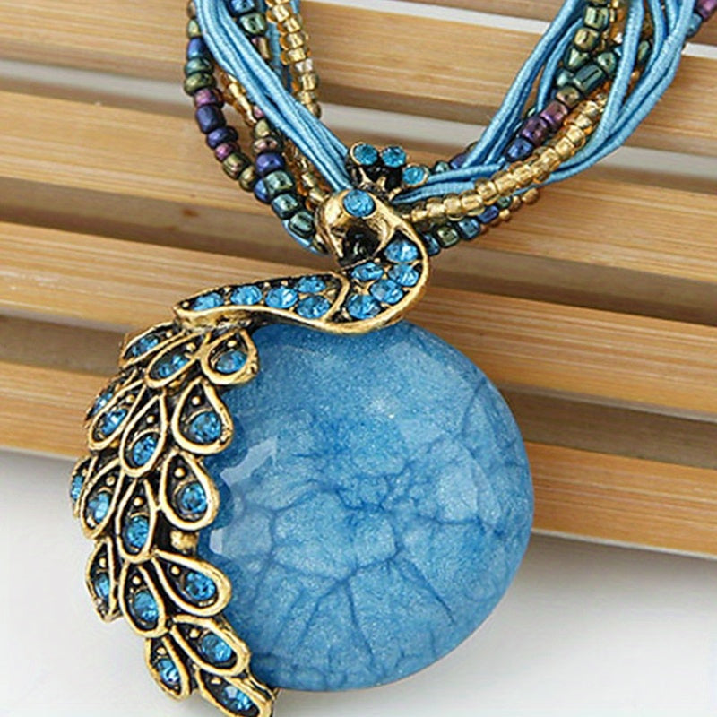 Vintage Alloy Peacock Leaf Gemstone Pendant Necklace Boho-Chic Jewelry