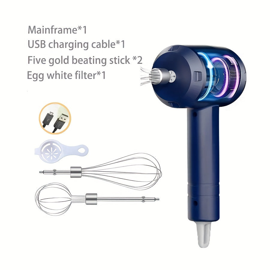 Portable Electric Handheld Whisk Mixer with USB Rechargeable Battery, 3-Speed, Stainless Steel Whisks for Baking and Cooking