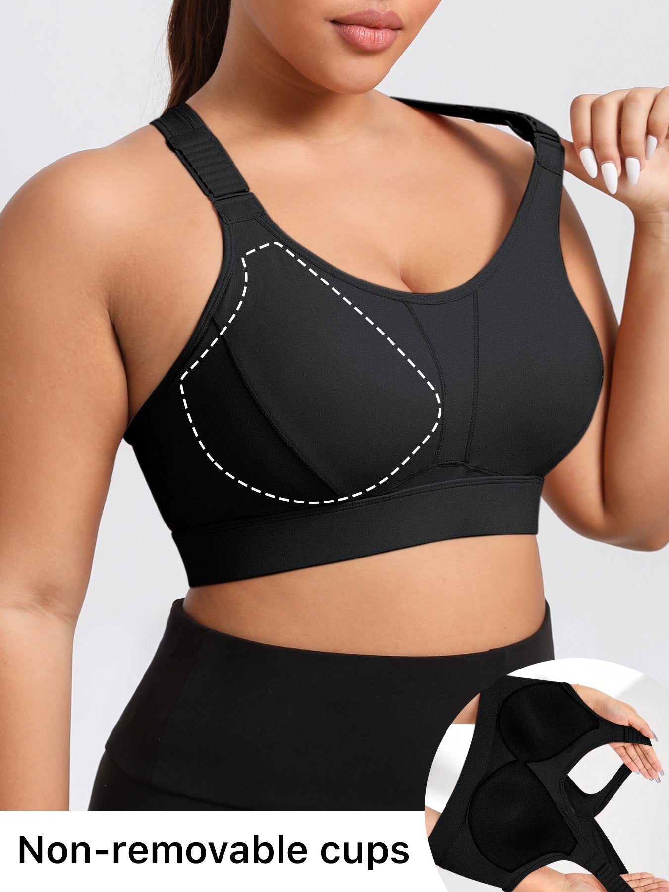 Plus Size Women's Breathable Zipper Yoga Sports Bra Black Activewear Top