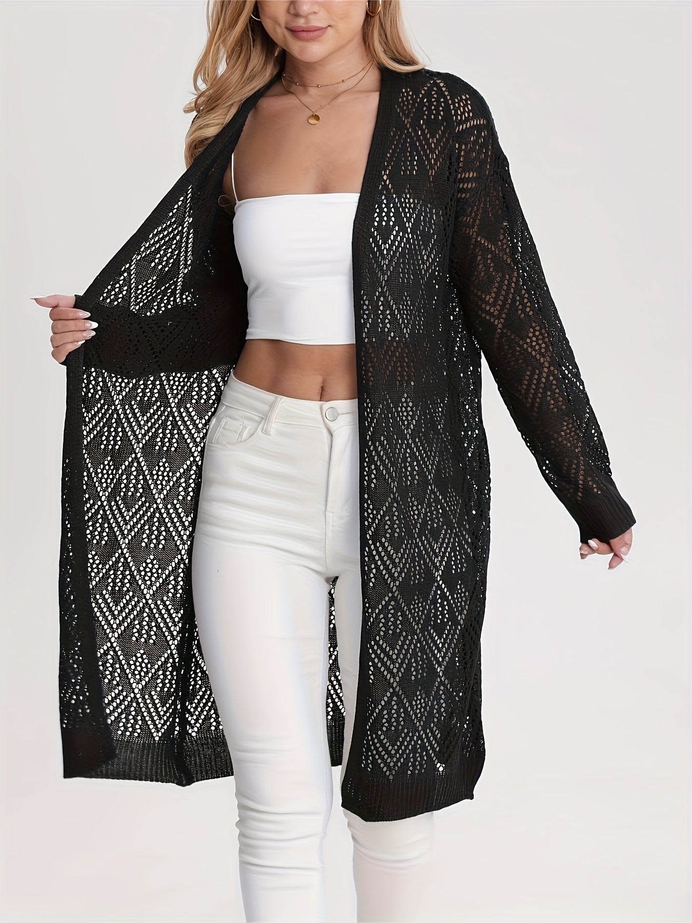 Plus-Size Women's Lace Cardigan Open Front Beach Cover-Up Lightweight Spring Summer Black