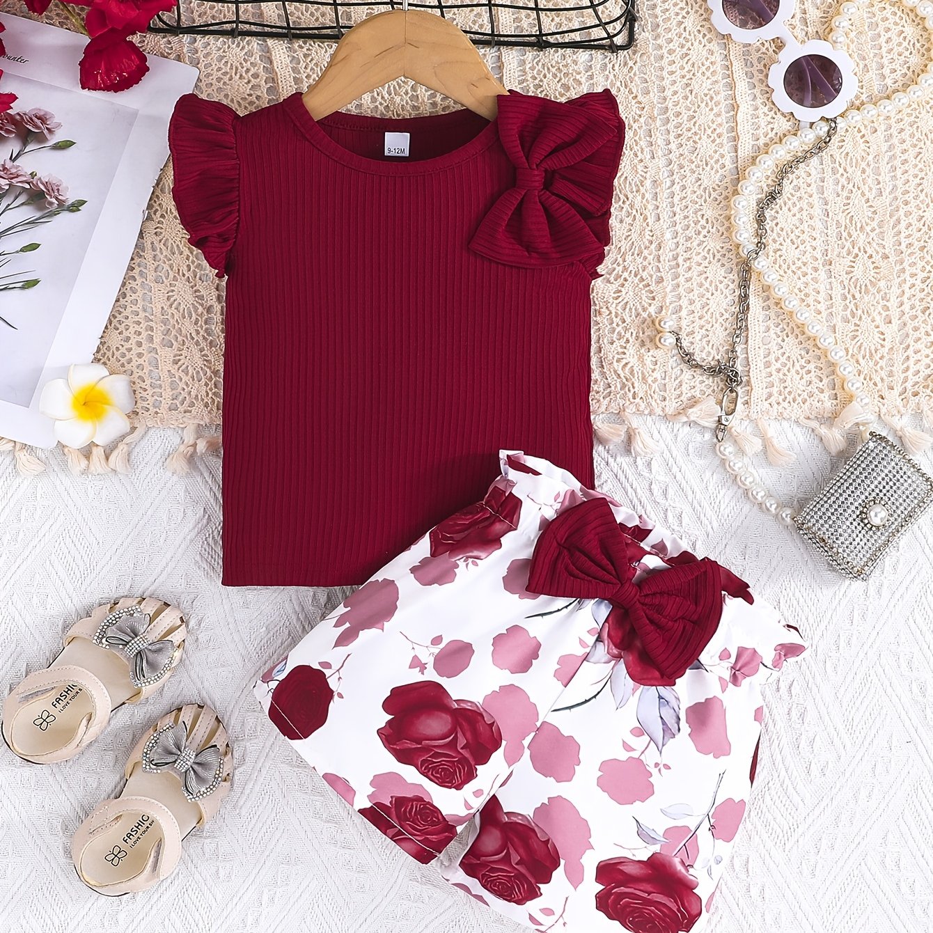 Girls Summer Outfit Maroon Ribbed T-Shirt with Bow Floral Print Shorts Set Easy-Care Polyester