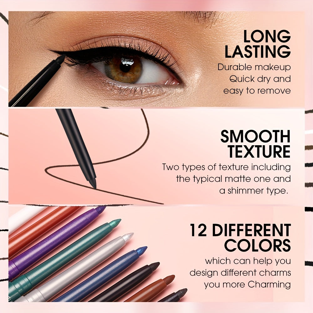 Women Eyeliner Gel Pen 12 Colors Long-Lasting Waterproof Smudge-Proof Brown