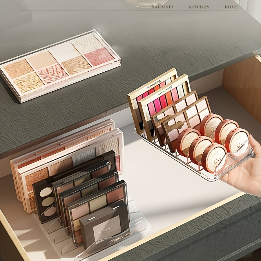 To'plamlar uchun to'lqinli bo'linmaga ega plastik makiyaj palitrasi tashkilotchisi, kosmetikalar uchun stolda saqlash tokchasi. Qisqa va engil, 68.58 sm dan past. Bir nechta makiyaj palitralarini saqlaydi.