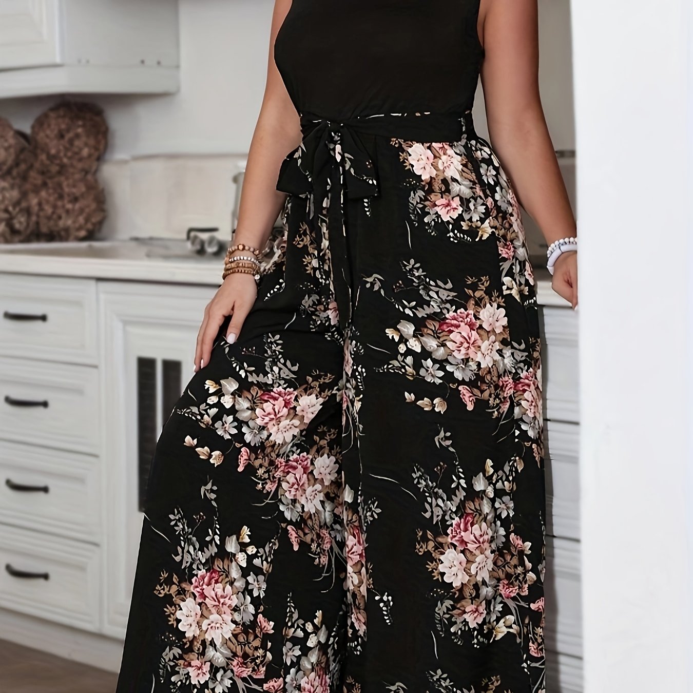 Women's Bohemian Sleeveless Jumpsuit with Floral Print and Black Contrast