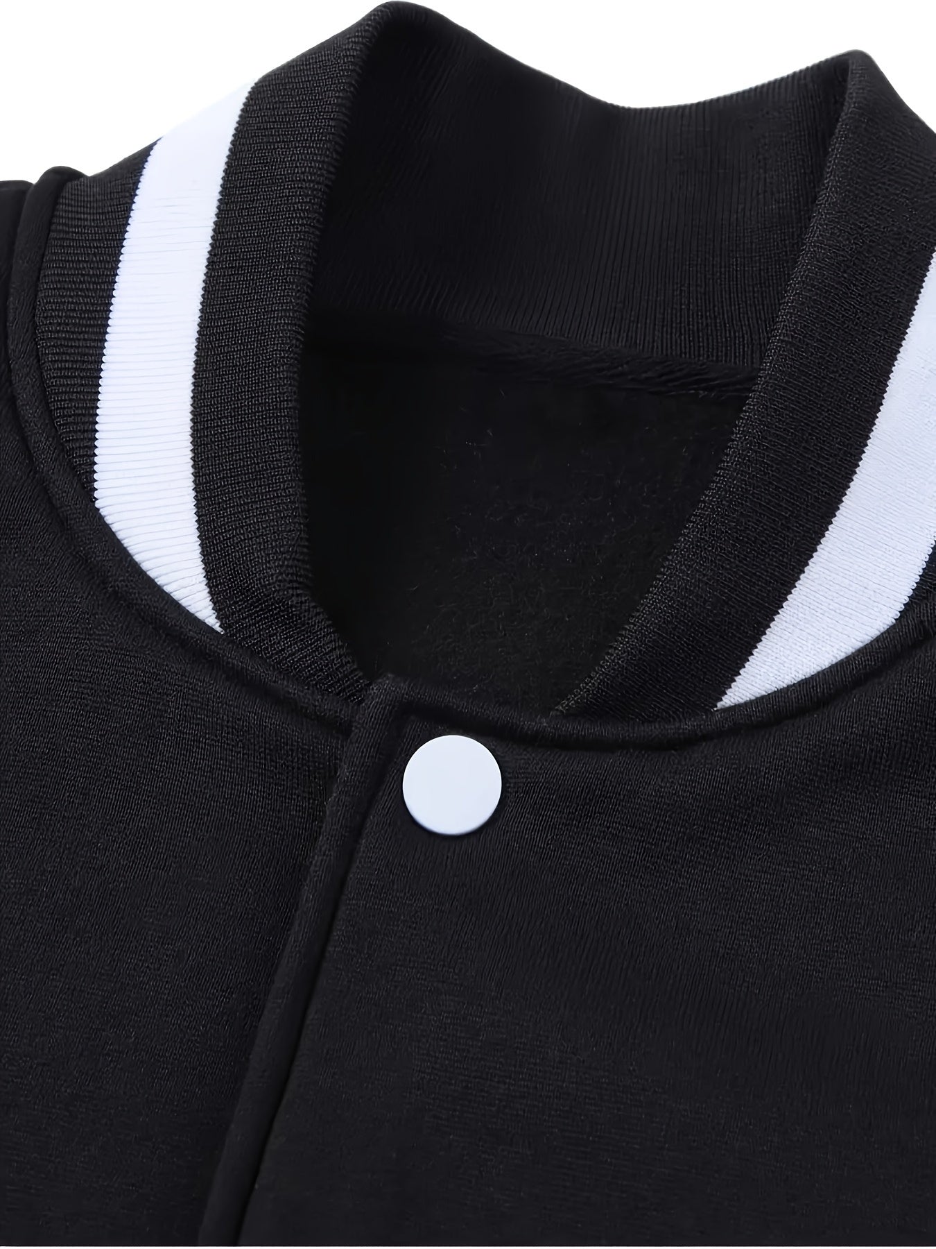 Men's Varsity Jacket in Black and Beige Polyester Snap Closure Baseball Collar Plus Size