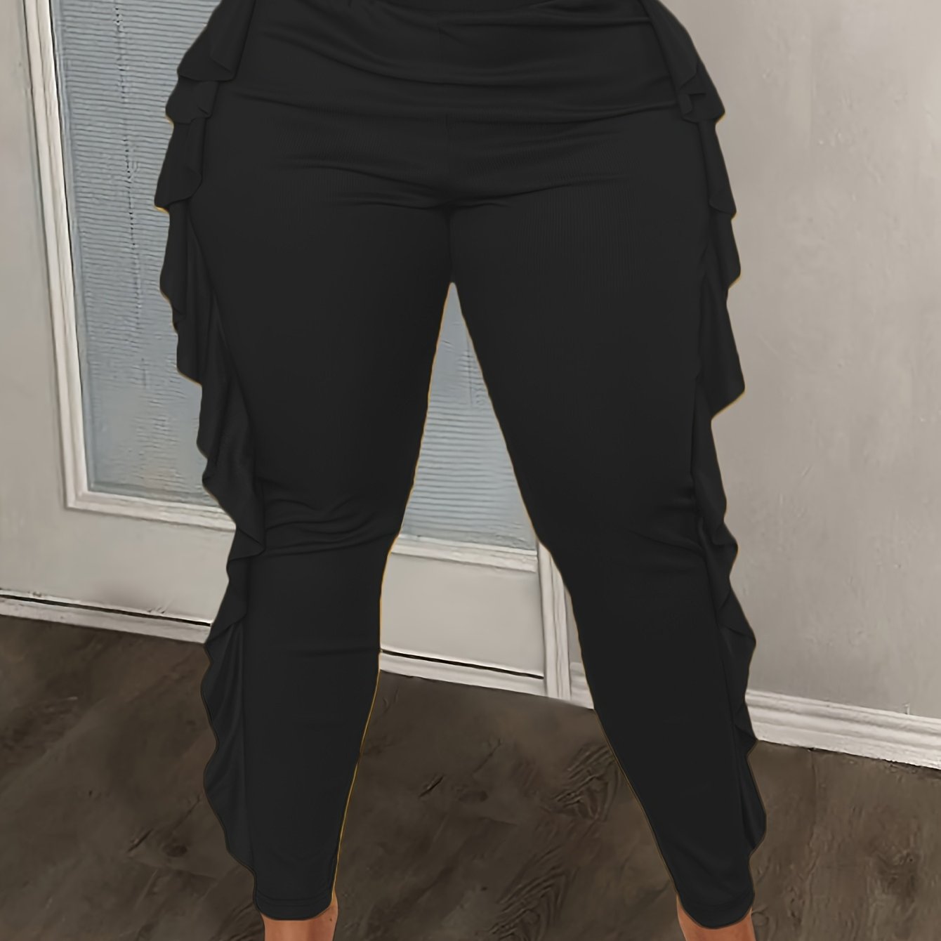 Women’s Knitted Slim Fit Trousers With Side Slit and Ruffles Plus Size