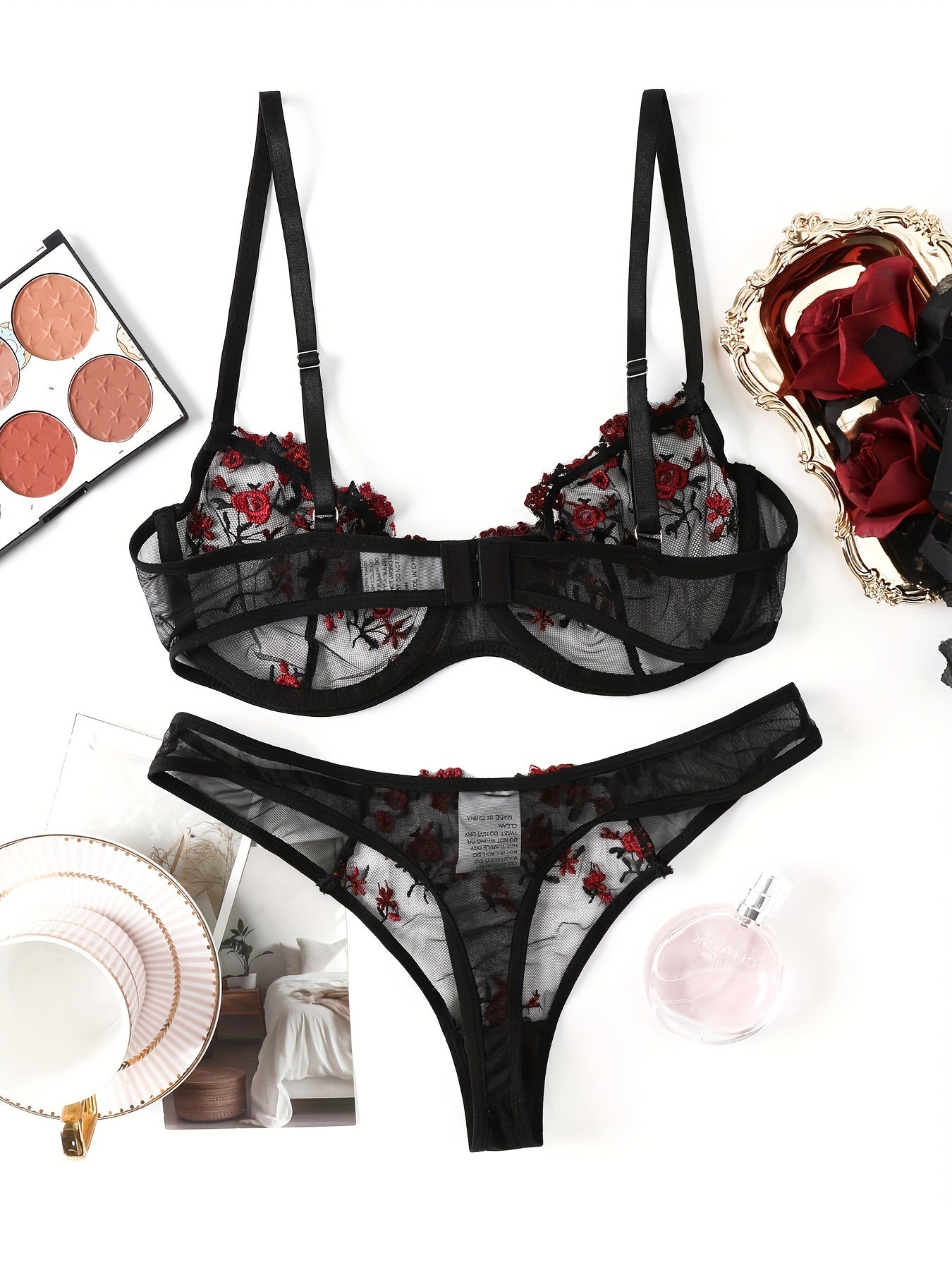 Women's Floral Embroidered Semi Sheer Lingerie Set with Bra and Thong