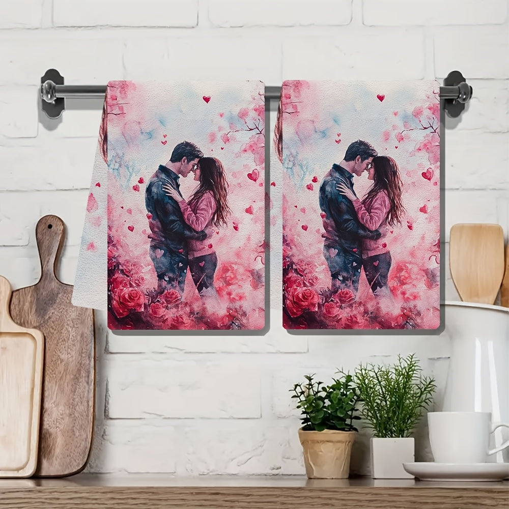 Set of 2 Soft Kitchen Towels Cherry Blossom Heart Design 40x60cm Absorbent