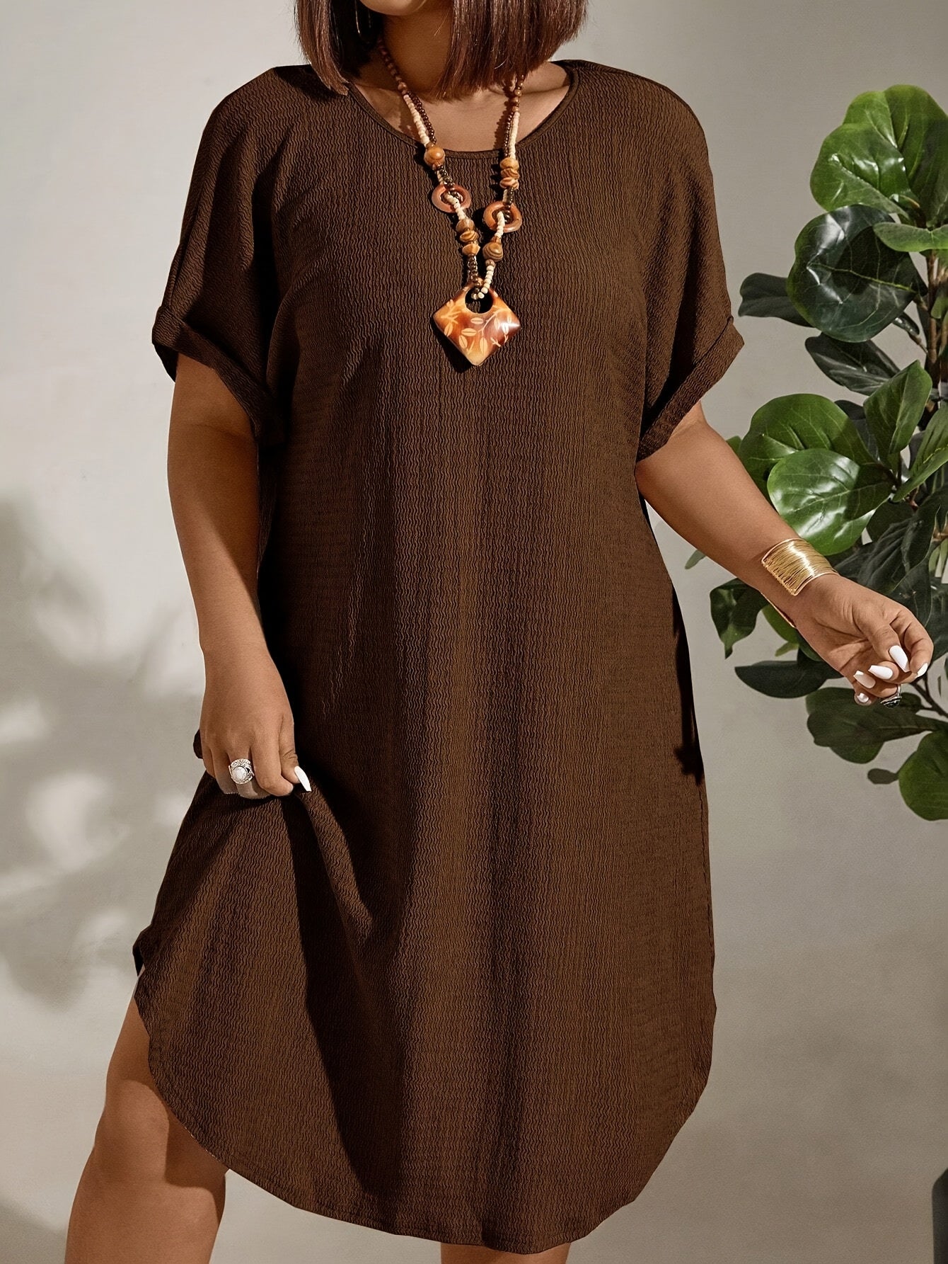 Plus Size Green Midi Dress with Batwing Sleeves V-Neck Textured Polyester for All Seasons