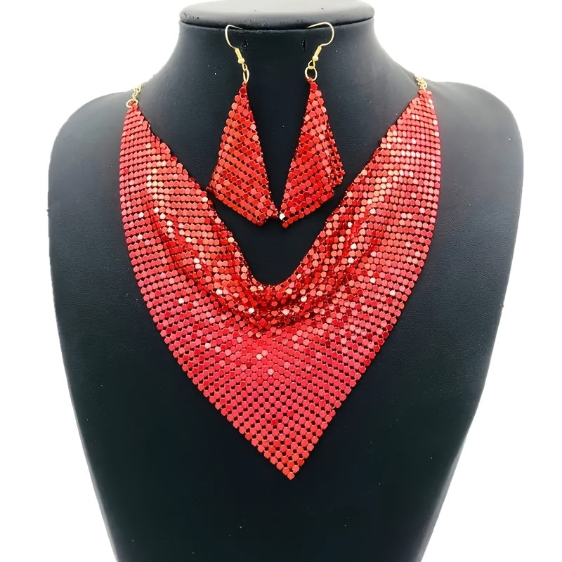 Retro Triangle Scarf with Sequins and False Collar Leopard Print Statement Necklace and Earrings for Women