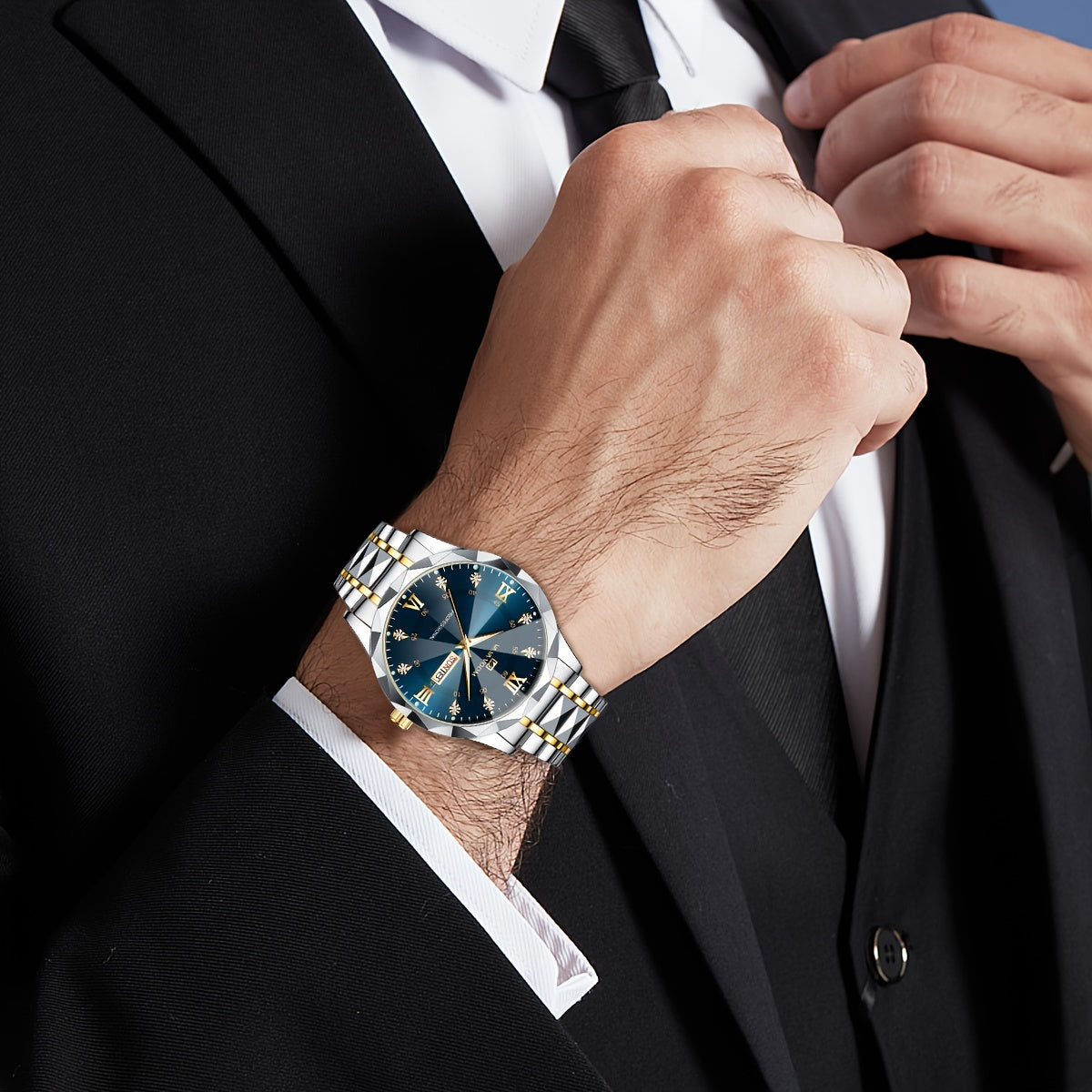 Men's Stainless Steel Watch with Night Glow Rhinestone Rivets Business Style