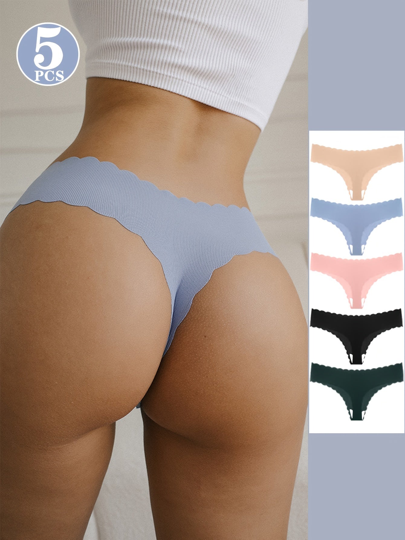 Women's Seamless Polyamide Thongs and V-Strings 5-Pack Solid Colors Stretch Knit Lettuce Trim