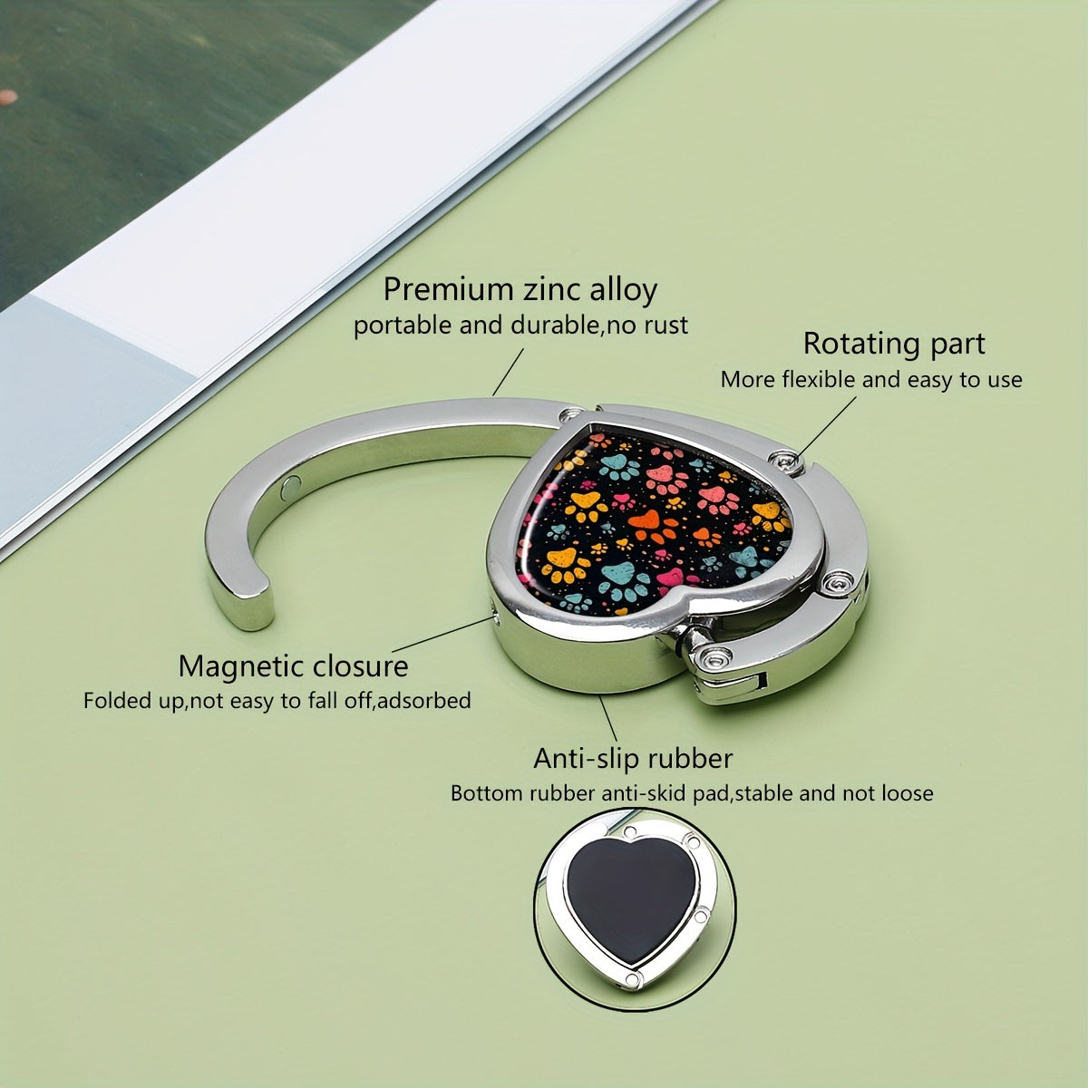 Heart-Shaped Foldable Purse Hook with Paw Print Design Zinc Alloy Handbag Table Hook