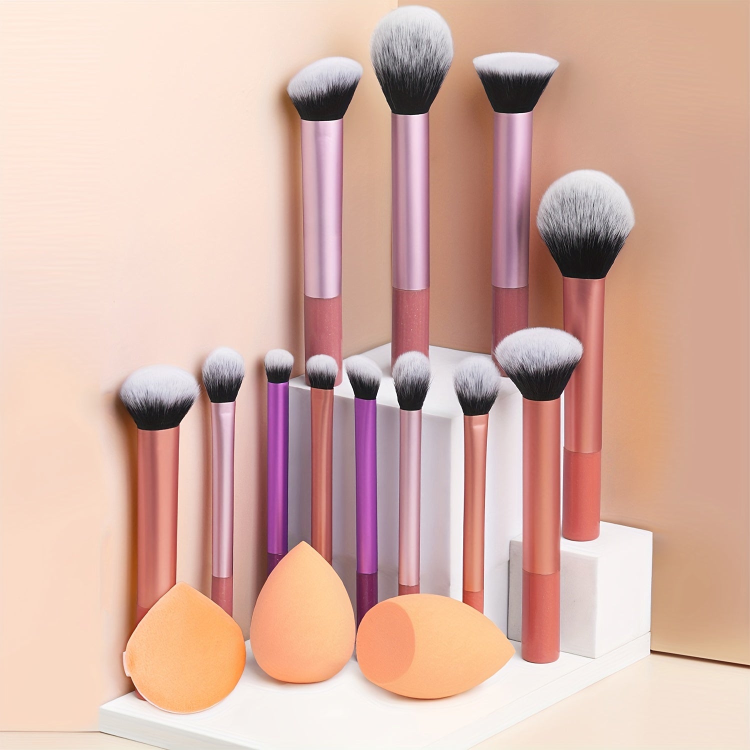 12-Piece Professional Makeup Brush Set with Nylon Bristles, Palm Brushes, Sponges and Powder Puff