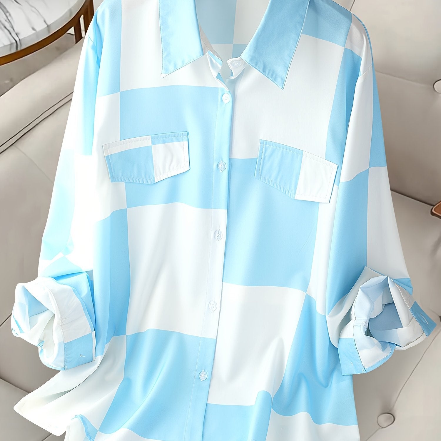 Plus Size Striped Plaid Button Front Shirt for Women Casual Spring Fall
