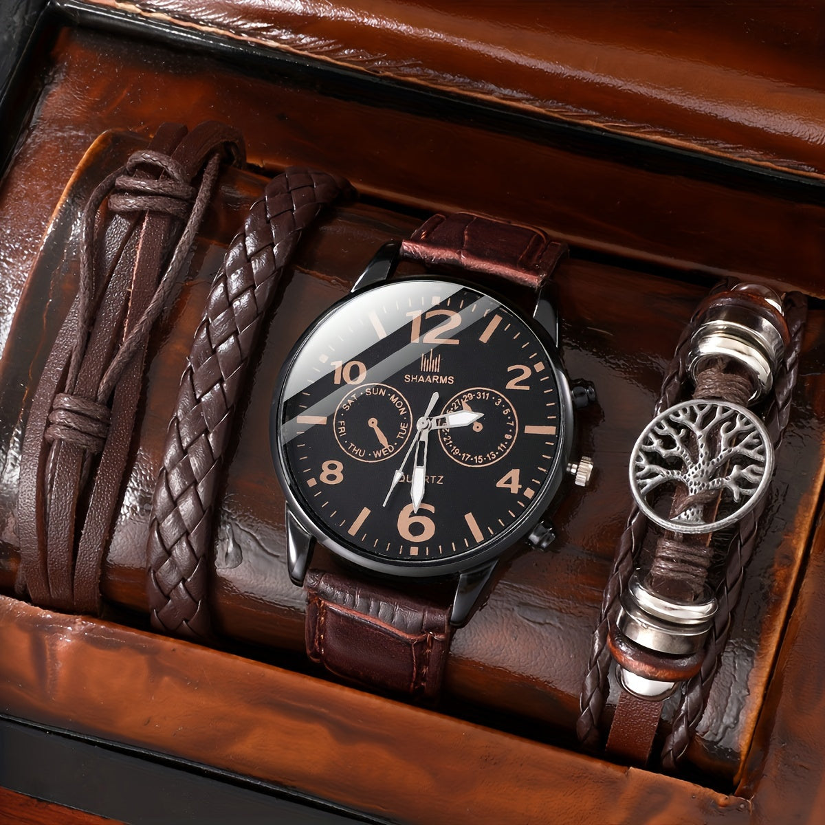 4-qismli to'plam, Erkaklar uchun minimalist va zamonaviy kichik diali kvarts soat va bilaguzuk to'plami, uning uchun mukammal sovg'a.